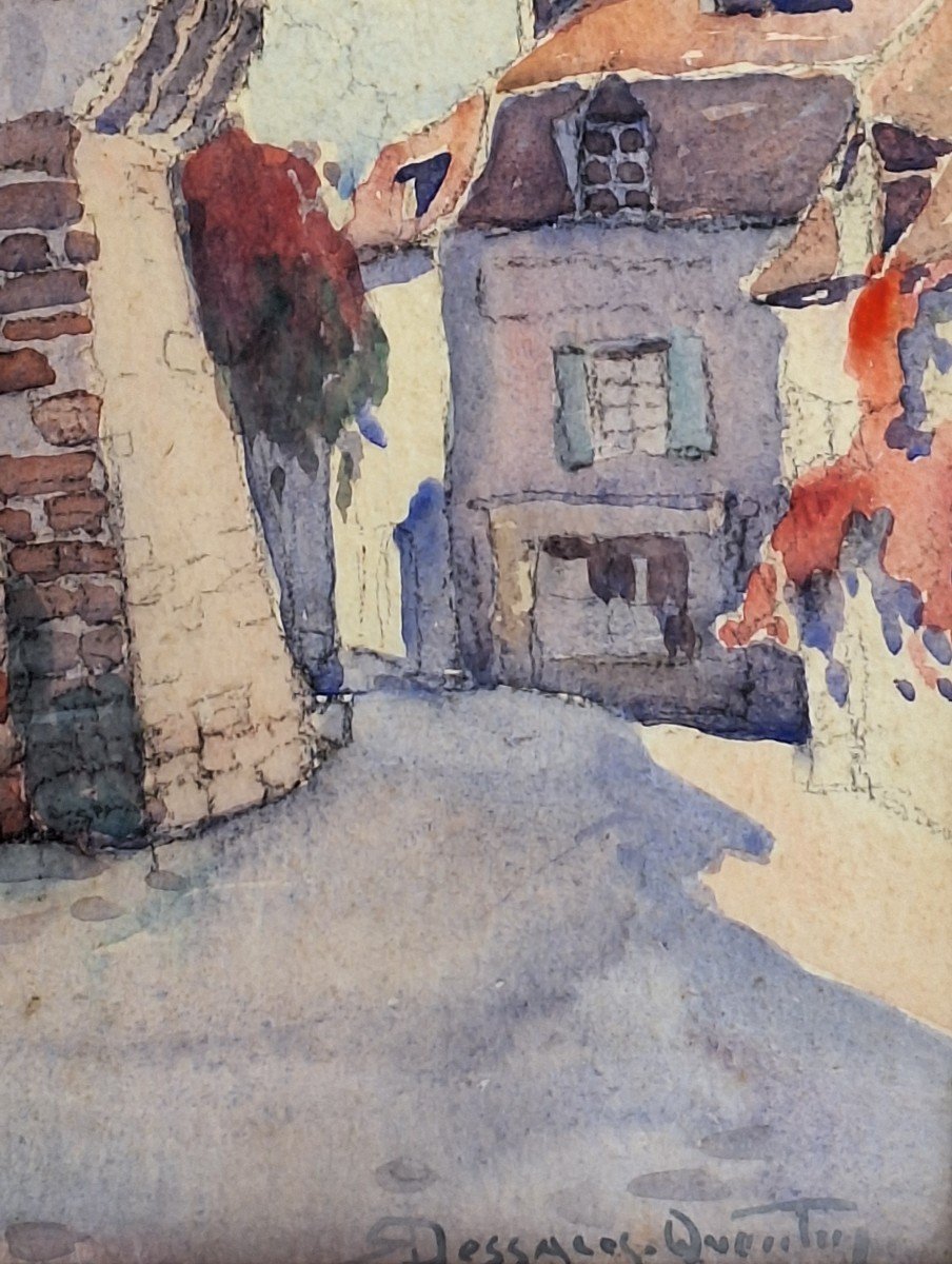 Robert Dessales Quentin ( 1885-1958 ) Vue d'une rue de Carennac  dans le Lot , aquarelle-photo-2