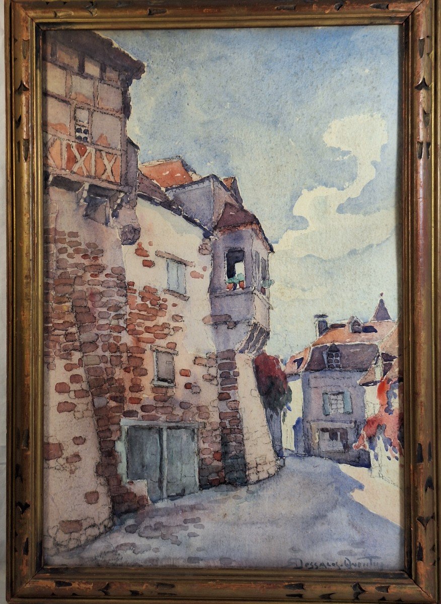 Robert Dessales Quentin ( 1885-1958 ) Vue d'une rue de Carennac  dans le Lot , aquarelle