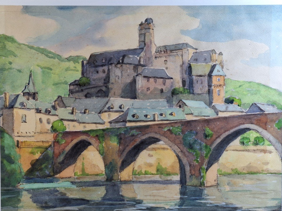 Robert Dessales Quentin 1885/1958 " Estaing en Aveyron ,le vieux château et le pont gothique " -photo-2