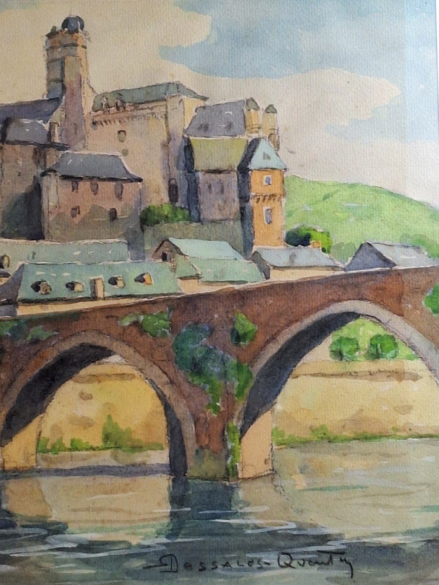 Robert Dessales Quentin 1885/1958 " Estaing en Aveyron ,le vieux château et le pont gothique " -photo-3