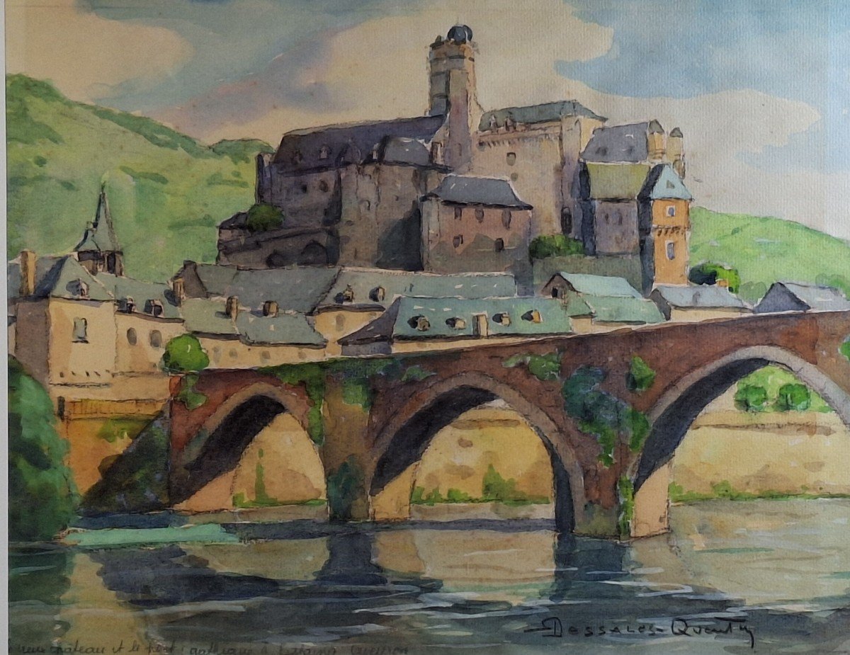 Robert Dessales Quentin 1885/1958 " Estaing en Aveyron ,le vieux château et le pont gothique " -photo-6