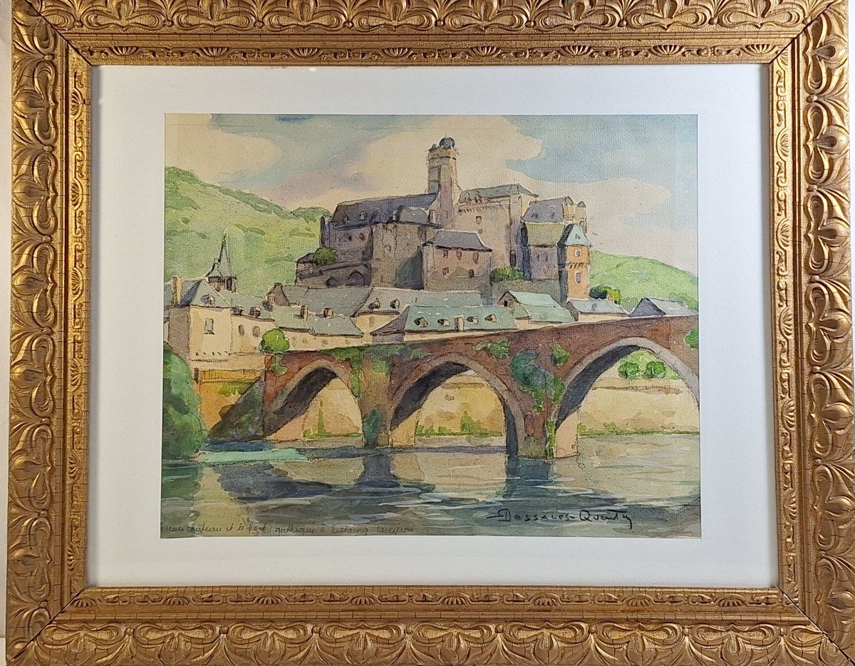 Robert Dessales Quentin 1885/1958 " Estaing en Aveyron ,le vieux château et le pont gothique " 