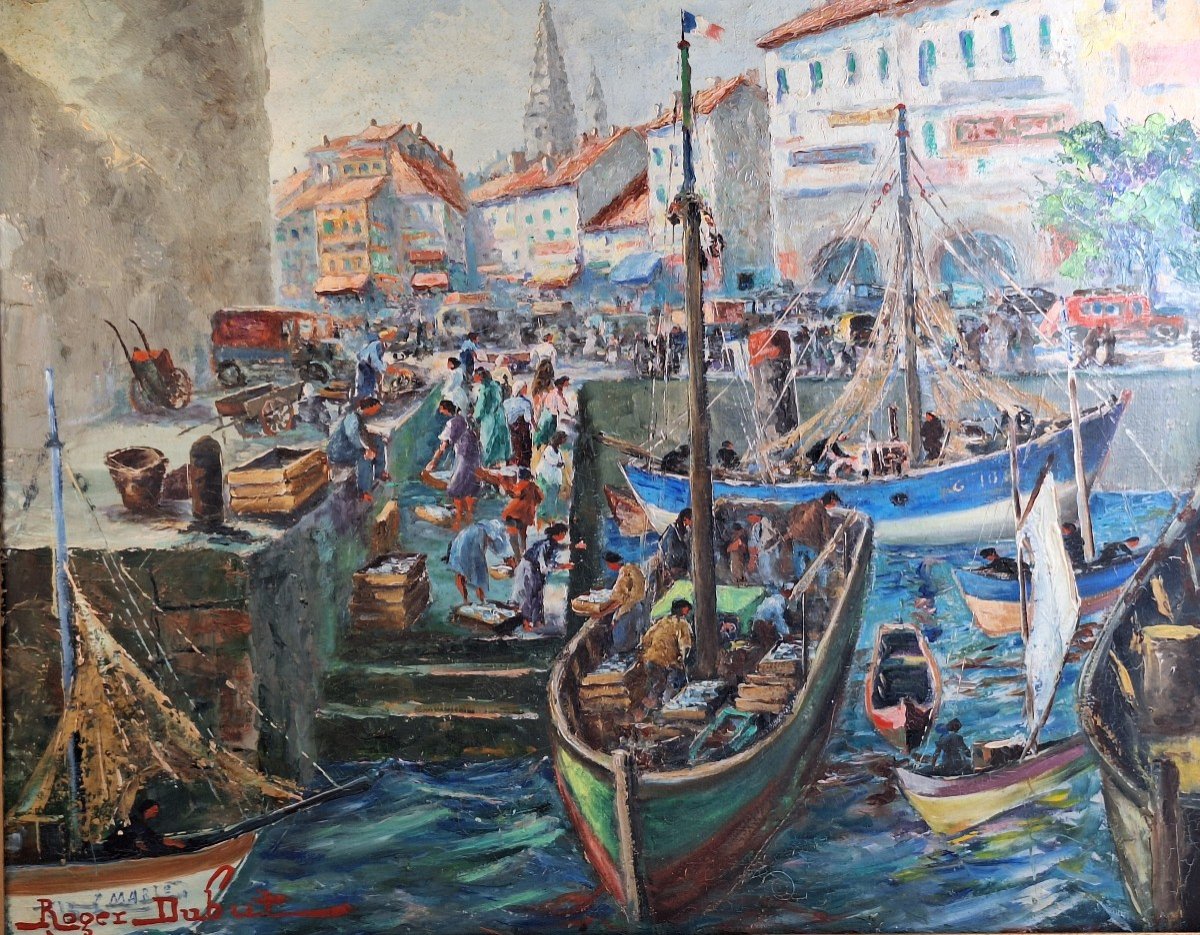 Arrival Of Fishing Boats In La Rochelle, Oil Signed Roger Dubut (1890-1960)-photo-2