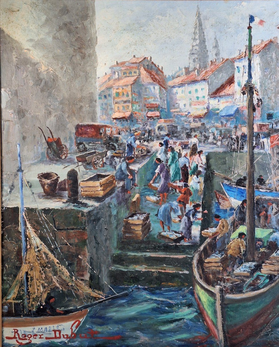 Arrival Of Fishing Boats In La Rochelle, Oil Signed Roger Dubut (1890-1960)-photo-3