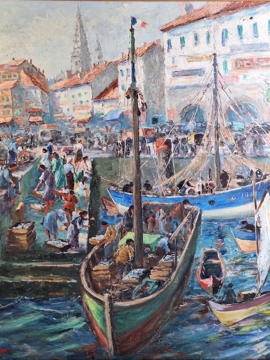 Arrival Of Fishing Boats In La Rochelle, Oil Signed Roger Dubut (1890-1960)-photo-4