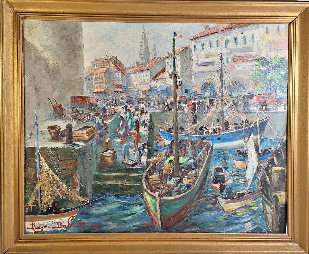 Arrival Of Fishing Boats In La Rochelle, Oil Signed Roger Dubut (1890-1960)