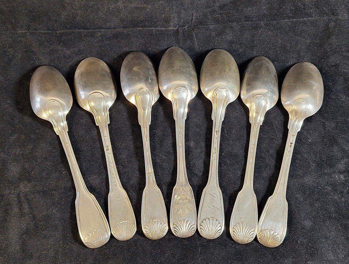  Set Of 7 Sterling Silver Spoons, Shell Model, 18th Century -photo-2