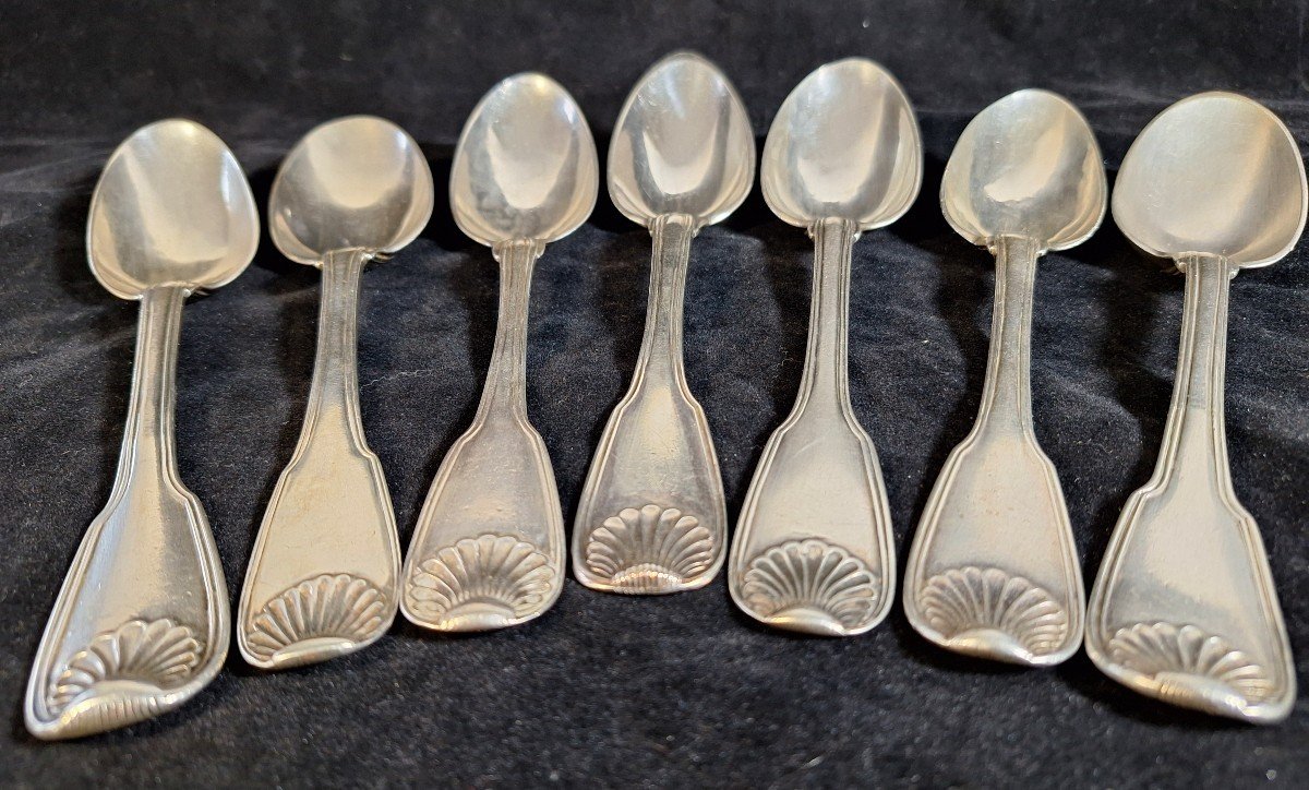  Set Of 7 Sterling Silver Spoons, Shell Model, 18th Century -photo-3