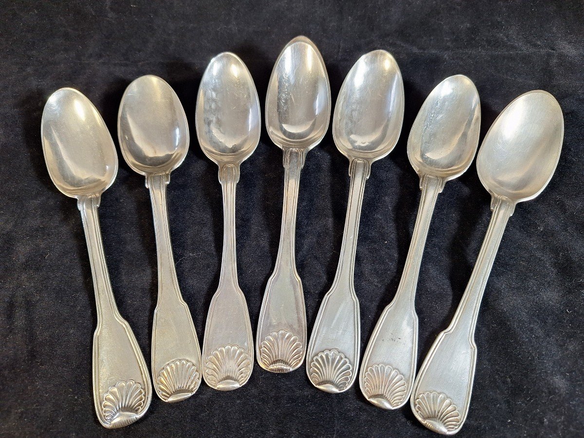  Set Of 7 Sterling Silver Spoons, Shell Model, 18th Century -photo-4