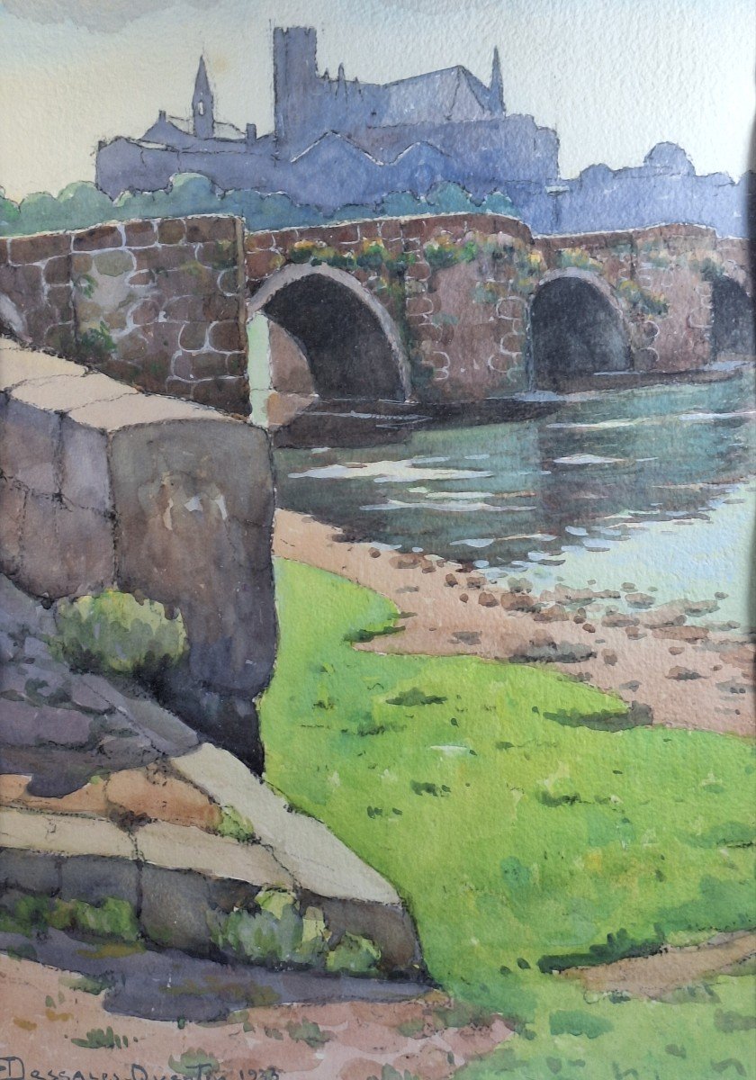 Robert Dessales Quentin (1885-1988) "the Old Bridge In Limoges", Watercolor-photo-2