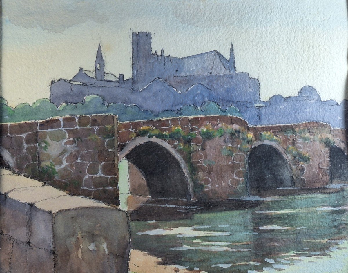 Robert Dessales Quentin (1885-1988) "the Old Bridge In Limoges", Watercolor-photo-4