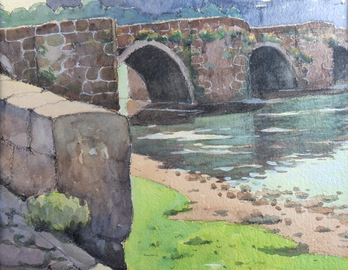 Robert Dessales Quentin (1885-1988) "the Old Bridge In Limoges", Watercolor-photo-2