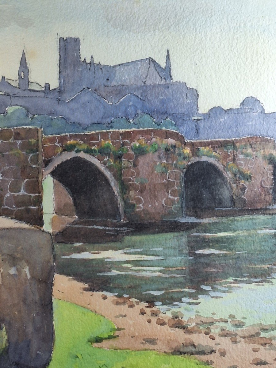 Robert Dessales Quentin (1885-1988) "the Old Bridge In Limoges", Watercolor-photo-5