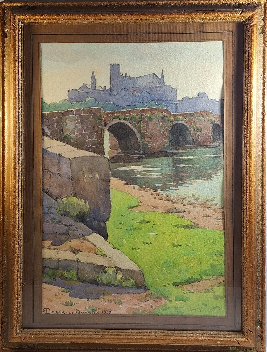 Robert Dessales Quentin (1885-1988)" Le Vieux Pont à Limoges ", Aquarelle