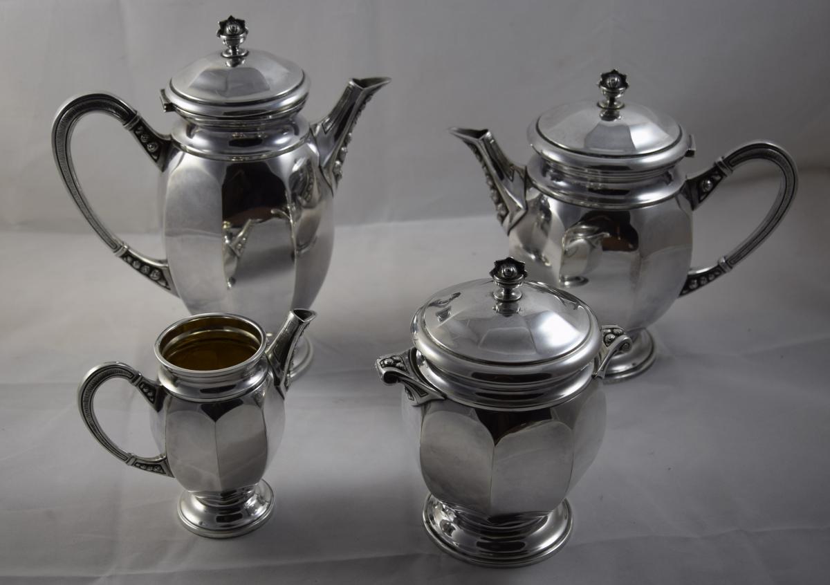 Tea And Coffee Service Silver Metal, Goldsmith Digny, Art Deco Style