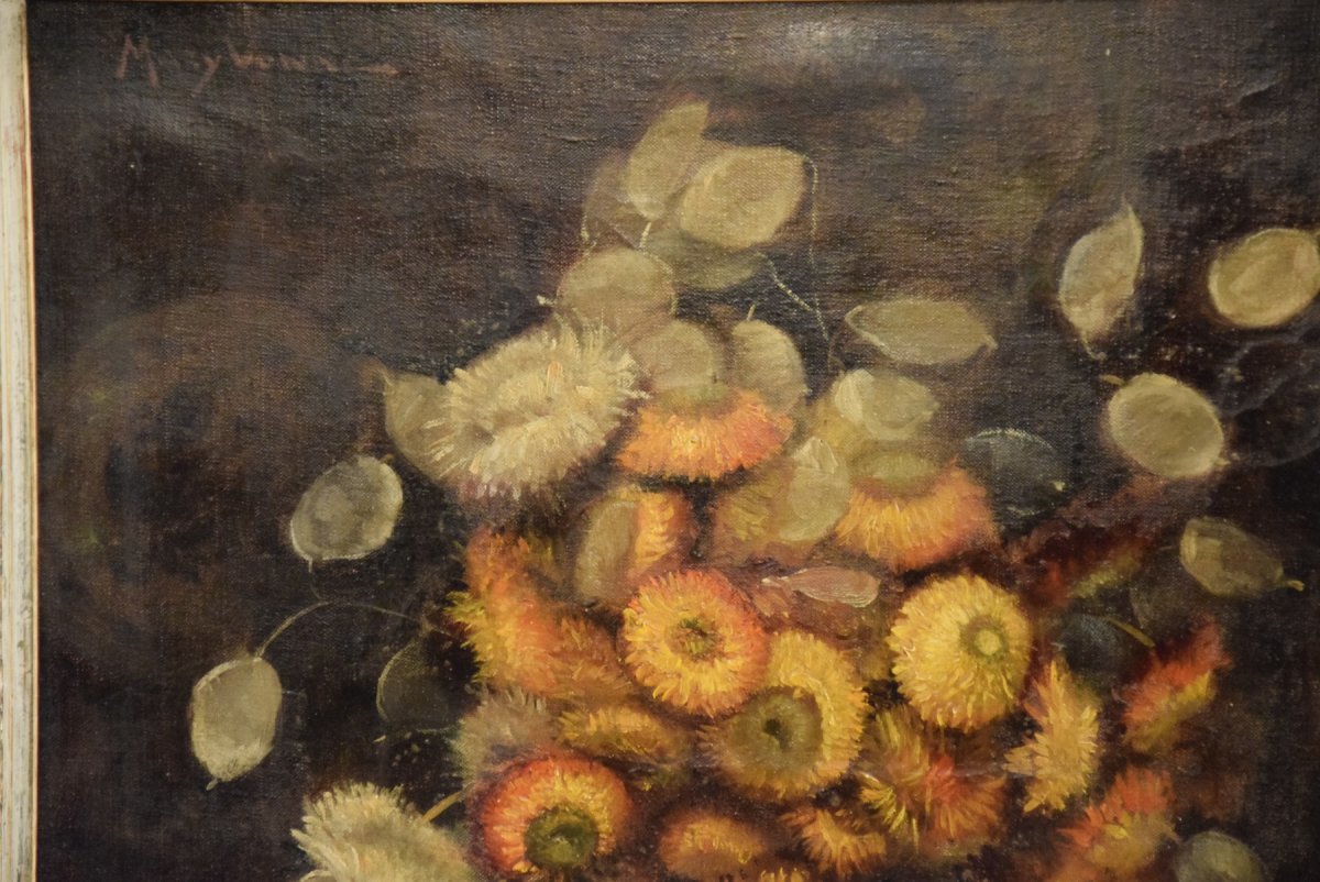 Bouquet de fleurs séchées , huile sur toile signée  M.Vonne -photo-1