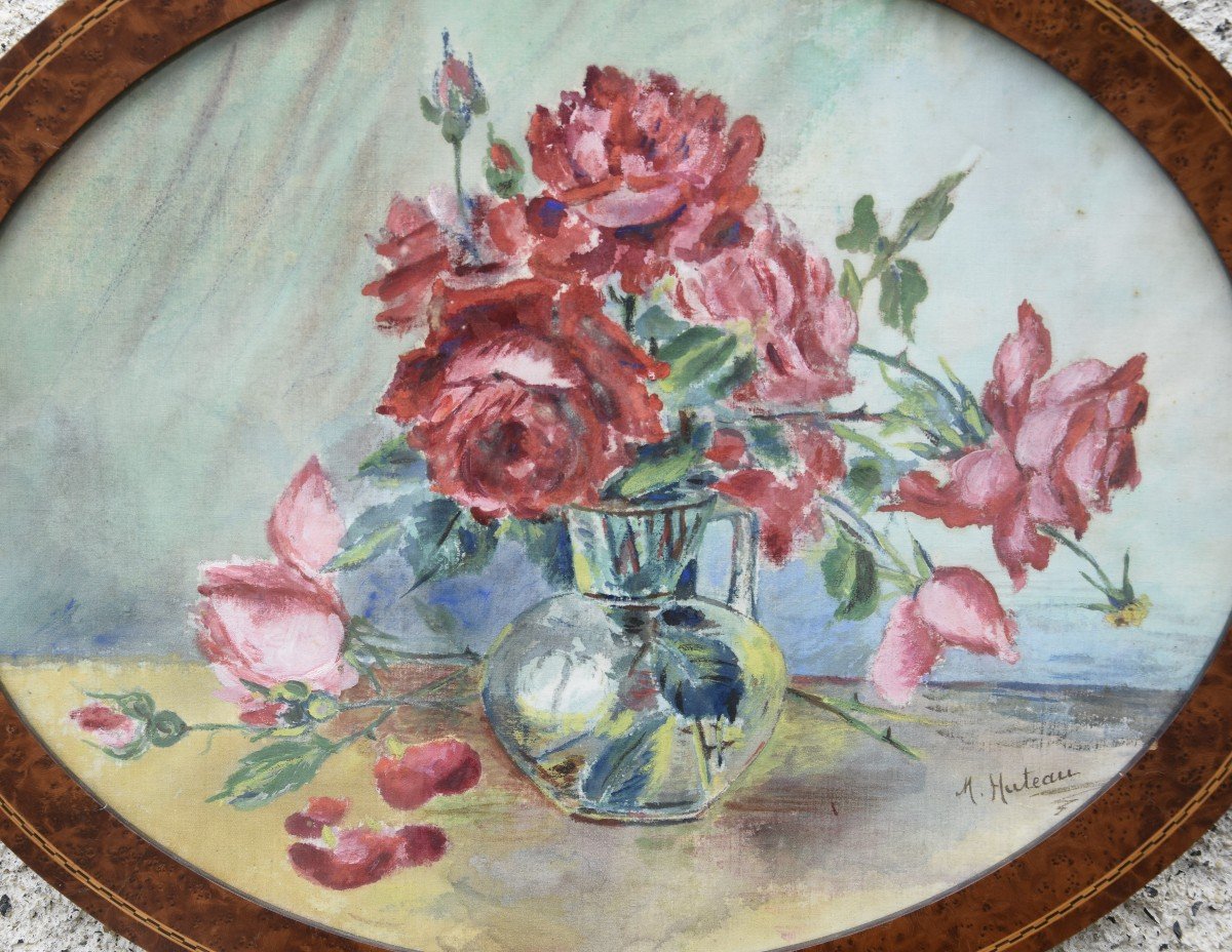 Bouquet Of Roses, Watercolor On Canvas, Signed M. Huteau Circa 1930-photo-2