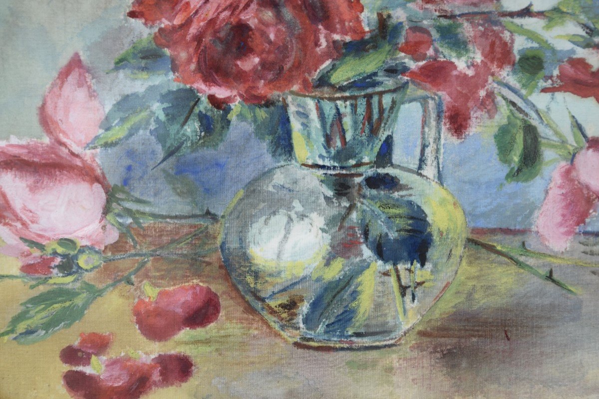 Bouquet de roses , aquarelle sur toile , signée  M. Huteau  vers 1930-photo-4