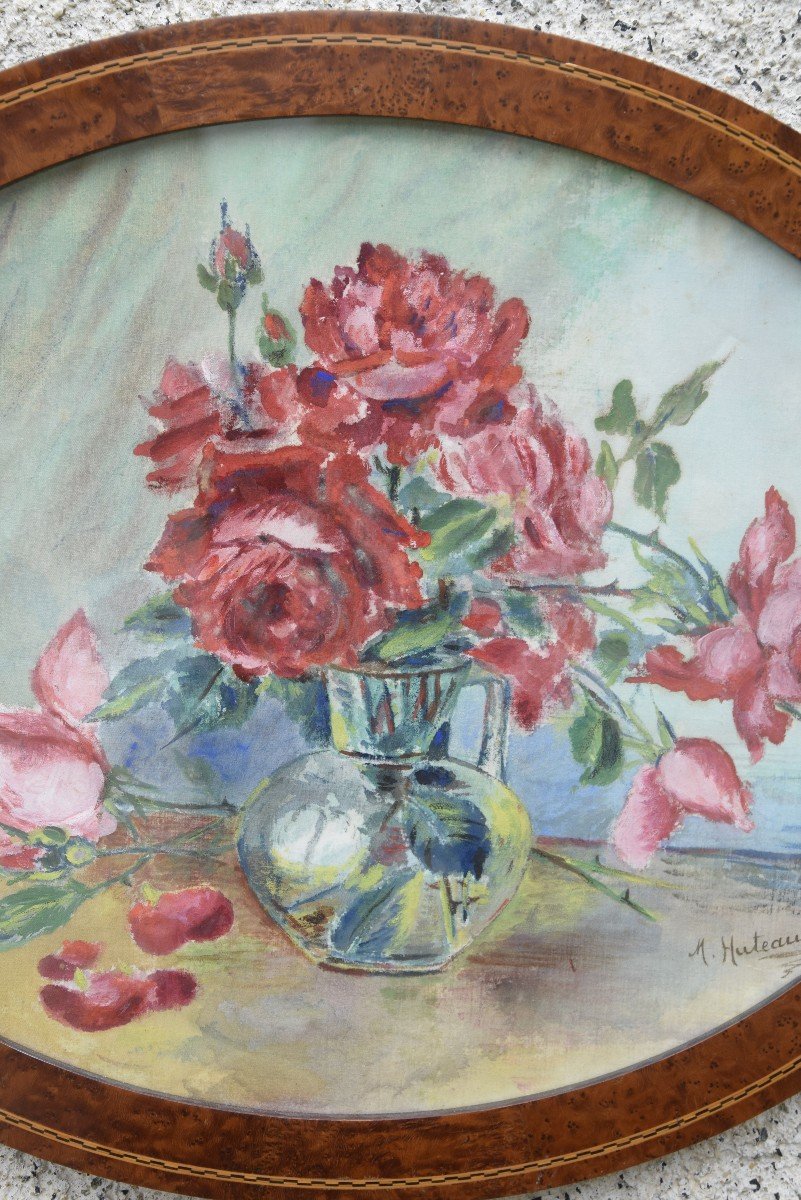 Bouquet Of Roses, Watercolor On Canvas, Signed M. Huteau Circa 1930-photo-2