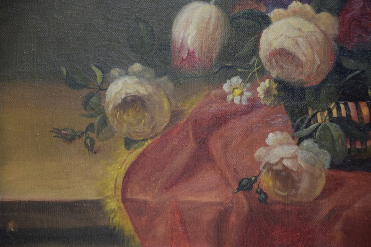 Bouquet de fleurs , Ecole italienne, huile sur toile-photo-3