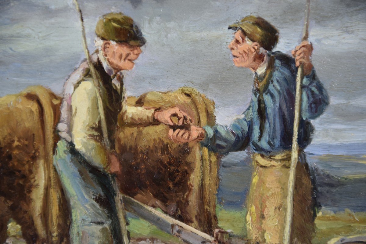 Camille Merlaud  (1877-1957) ,échanges  entre deux  laboureurs , huile sur panneau ,début XXème-photo-6