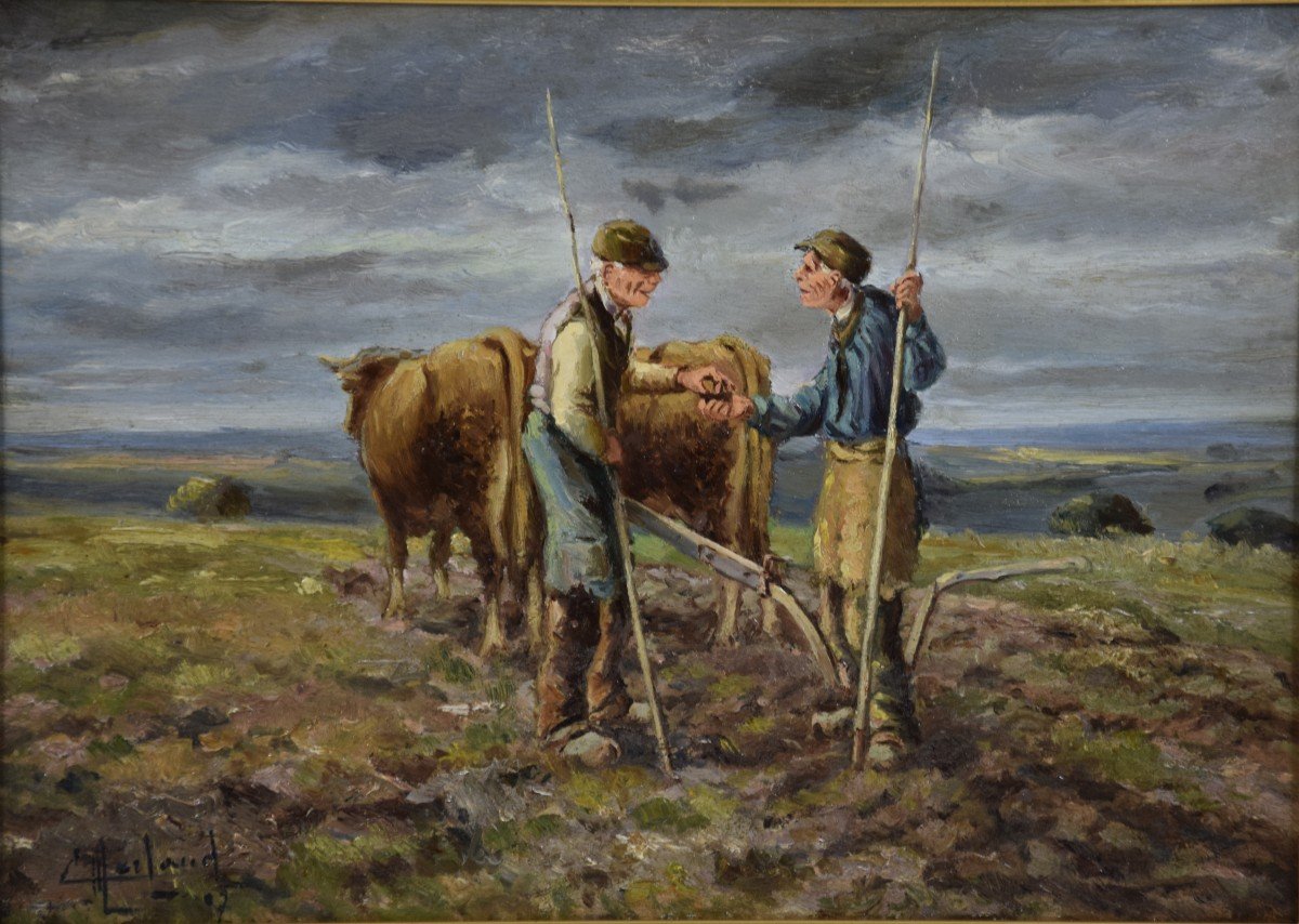 Camille Merlaud  (1877-1957) ,échanges  entre deux  laboureurs , huile sur panneau ,début XXème