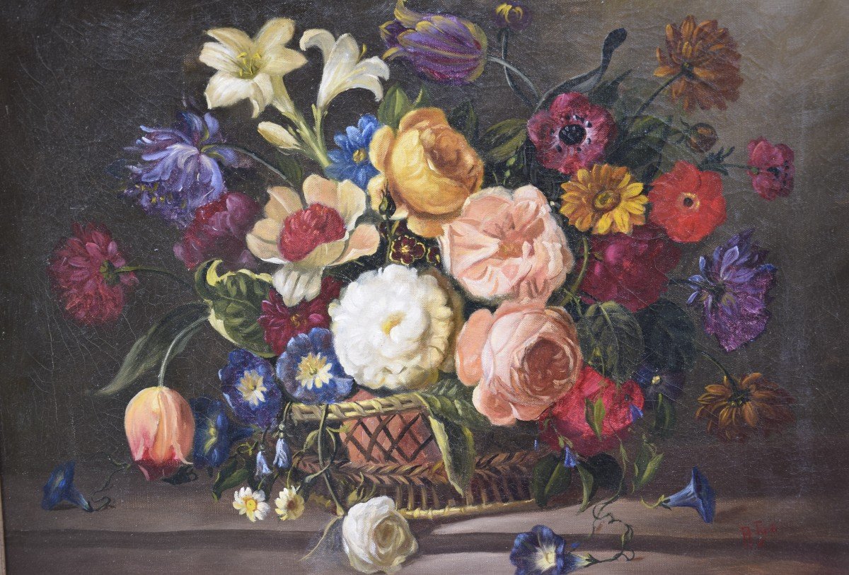 Still Life With A Basket Of Flowers, Italian School, Oil On Canvas-photo-4