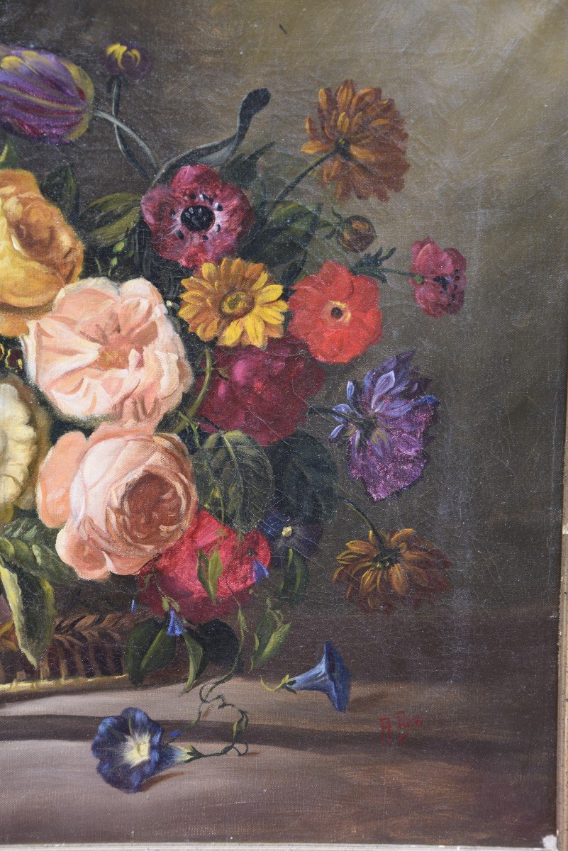 Still Life With A Basket Of Flowers, Italian School, Oil On Canvas-photo-2
