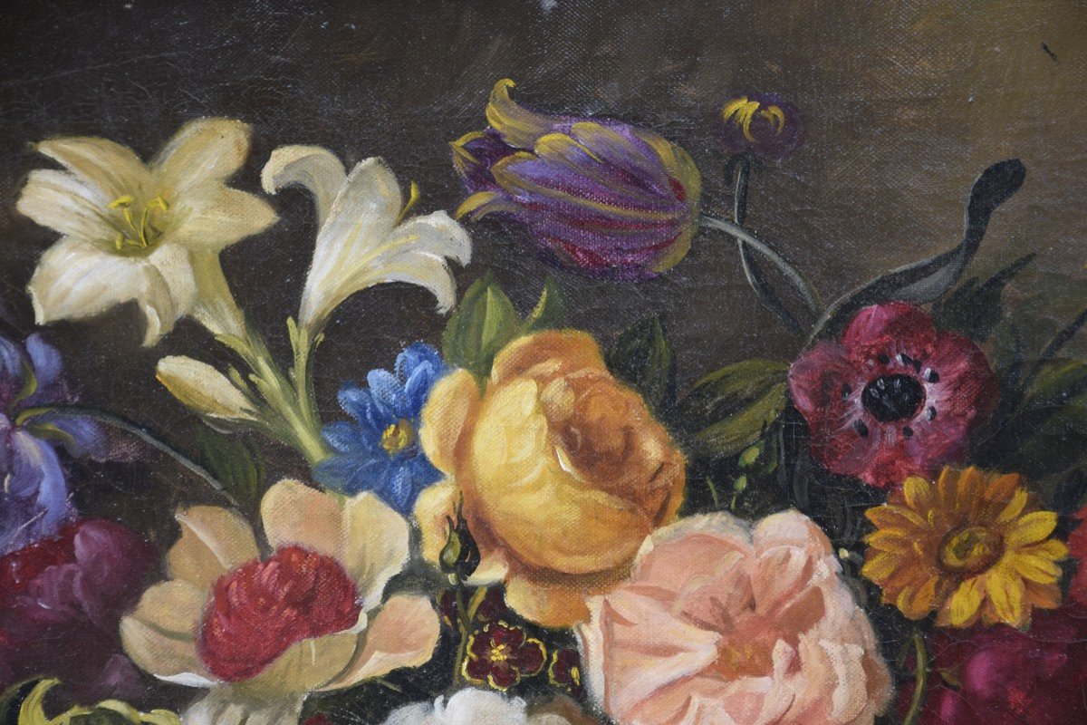 Still Life With A Basket Of Flowers, Italian School, Oil On Canvas-photo-3