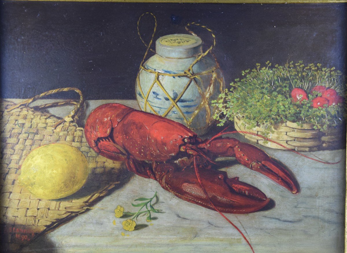  Alexander Stanesby  ( 1932-1916) Lobster Still Life, Oil On Wooden Panel-photo-2