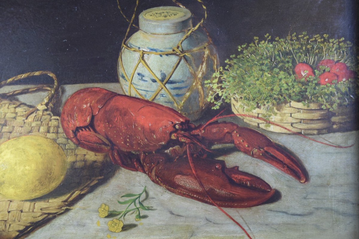  Alexander Stanesby  ( 1932-1916) Lobster Still Life, Oil On Wooden Panel-photo-3