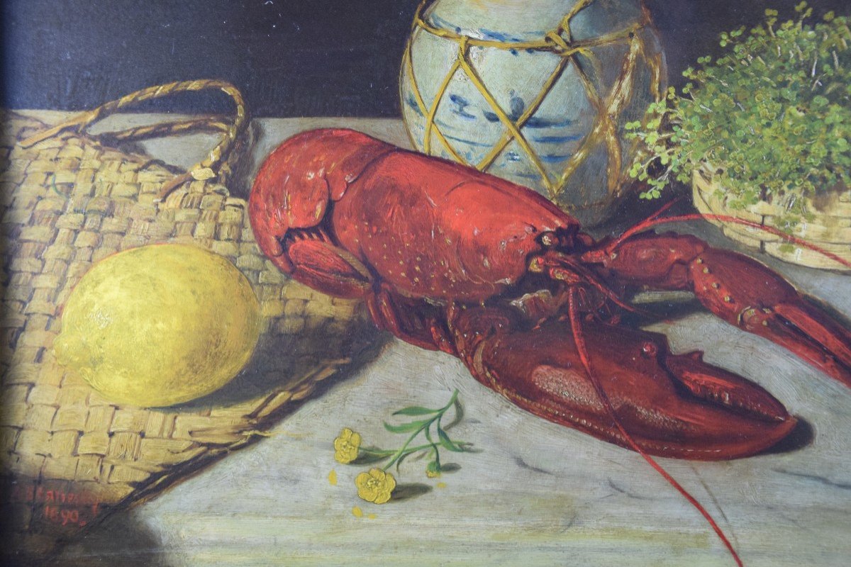  Alexander Stanesby  ( 1932-1916) Lobster Still Life, Oil On Wooden Panel-photo-4