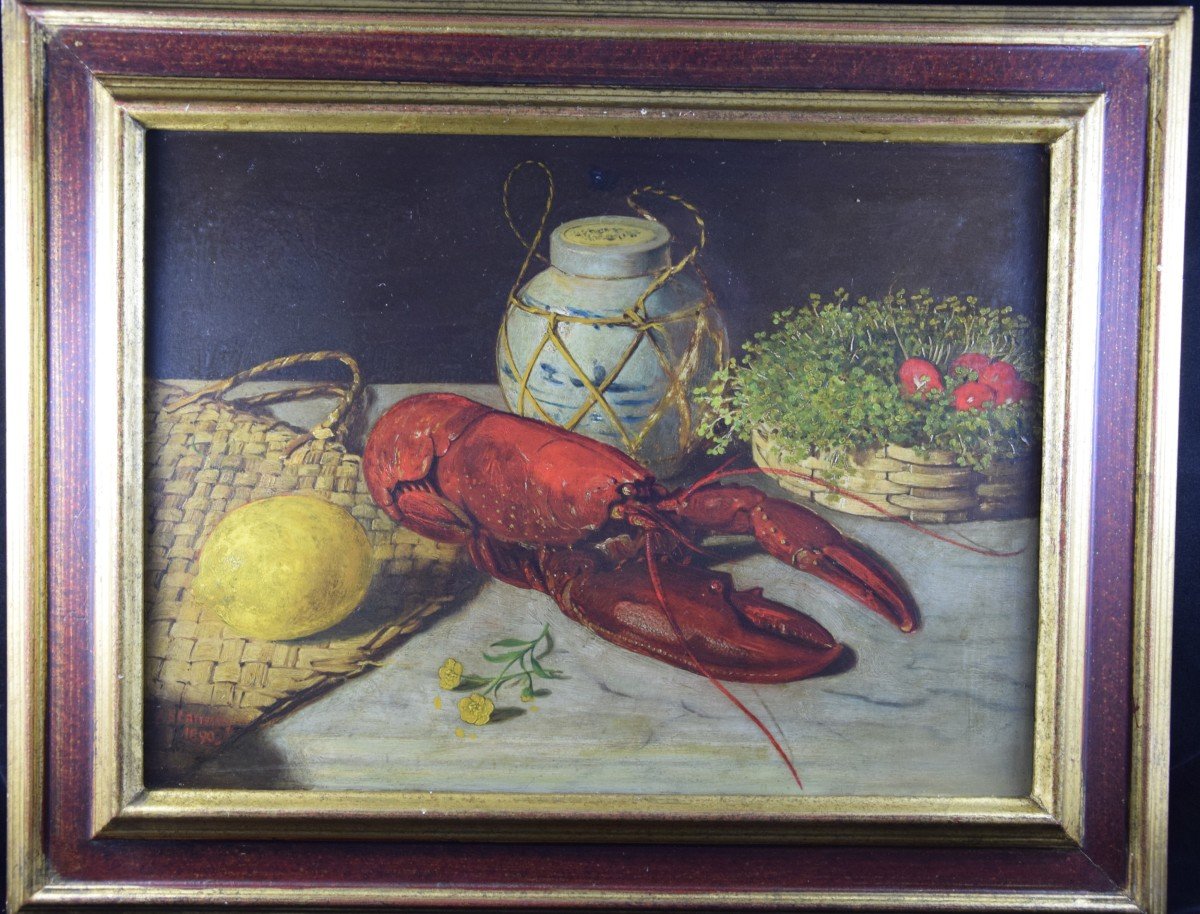  Alexander Stanesby  ( 1932-1916) Lobster Still Life, Oil On Wooden Panel