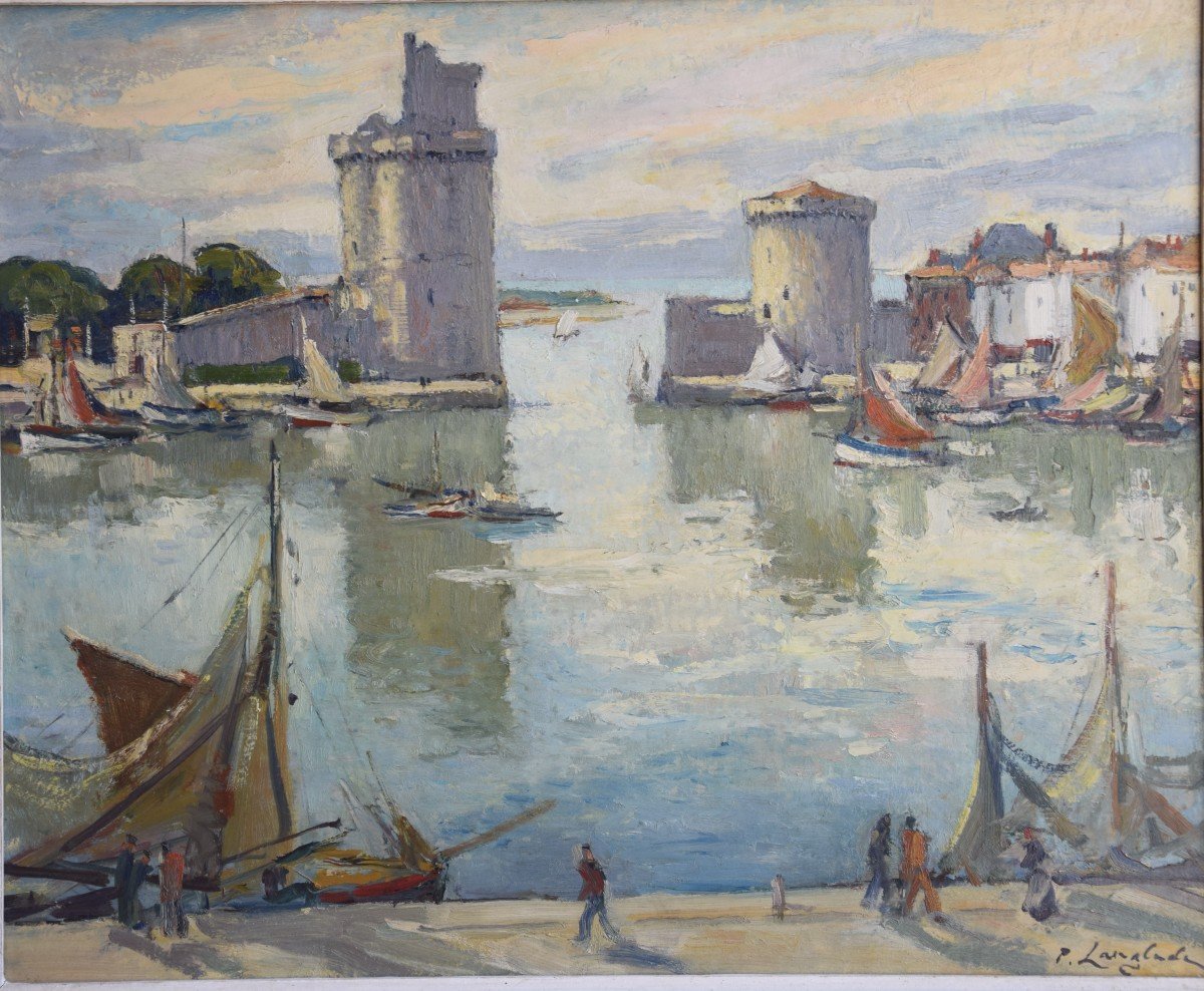 Pierre Langlade (1907-1972) le port de La Rochelle ,huile sur carton-photo-2