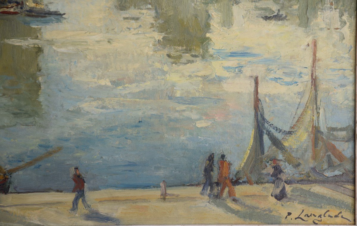 Pierre Langlade (1907-1972) le port de La Rochelle ,huile sur carton-photo-1