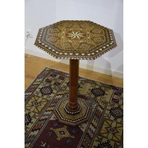 Hexagonal Pedestal Table, Orientalist Marquetry.