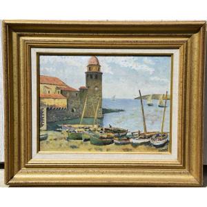 Collioure, Notre Dame Des Anges Church, Oil On Panel Signed E.godet.