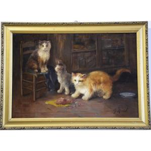 The Meal Of The Kittens, Oil On Canvas By G. Mansol Around 1900