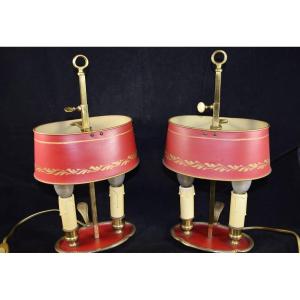 Pair Of Hot Water Bottle Lamps With Two Lights, In Bronze And Painted Sheet Metal.