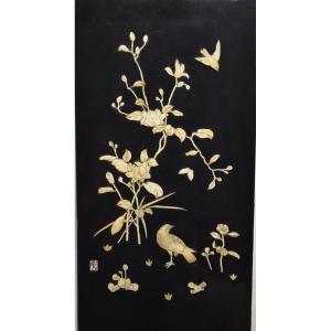 Lacquered Wooden Panel With Bone Inlays, Circa 1900