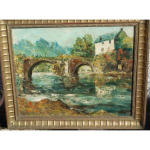 P. ARNAUD  (1912- ?)  l'ancien pont de Saint-Jean -de-Côle en Périgord  , huile sur panneau .