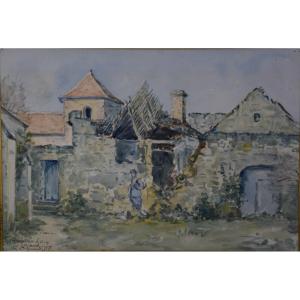 Camille  Merlaud (1877-1957) "le presbytère d'Acy" témoignage de la  guerre 14-18, aquarelle