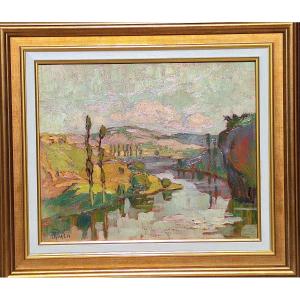 Marcel Bach ( 1879-1950), " La vallée du Lot " , huile sur panneau