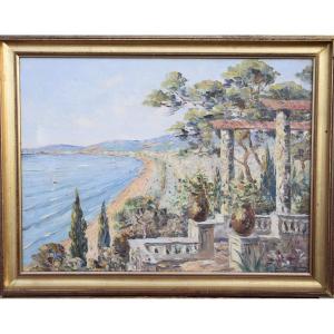 Vue de la Riviera  par Henri Bargin , huile sur toile .