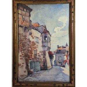 Robert Dessales Quentin ( 1885-1958 ) Vue d'une rue de Carennac  dans le Lot , aquarelle