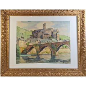 Robert Dessales Quentin 1885/1958 " Estaing en Aveyron ,le vieux château et le pont gothique " 