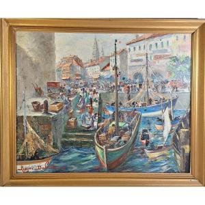 Arrivée des bateaux de pêche à La Rochelle , huile signée Roger Dubut (1890-1960)