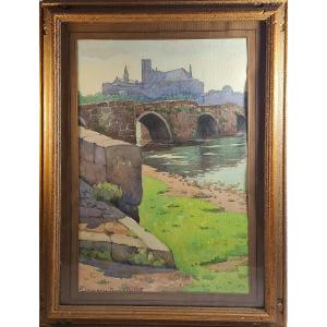 Robert Dessales Quentin (1885-1988) "the Old Bridge In Limoges", Watercolor