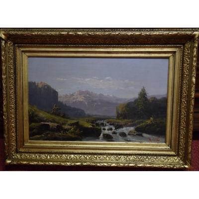 Paysage de montagne animé , grande huile sur toile signée A .Gins 