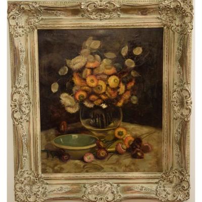 Bouquet de fleurs séchées , huile sur toile signée  M.Vonne 